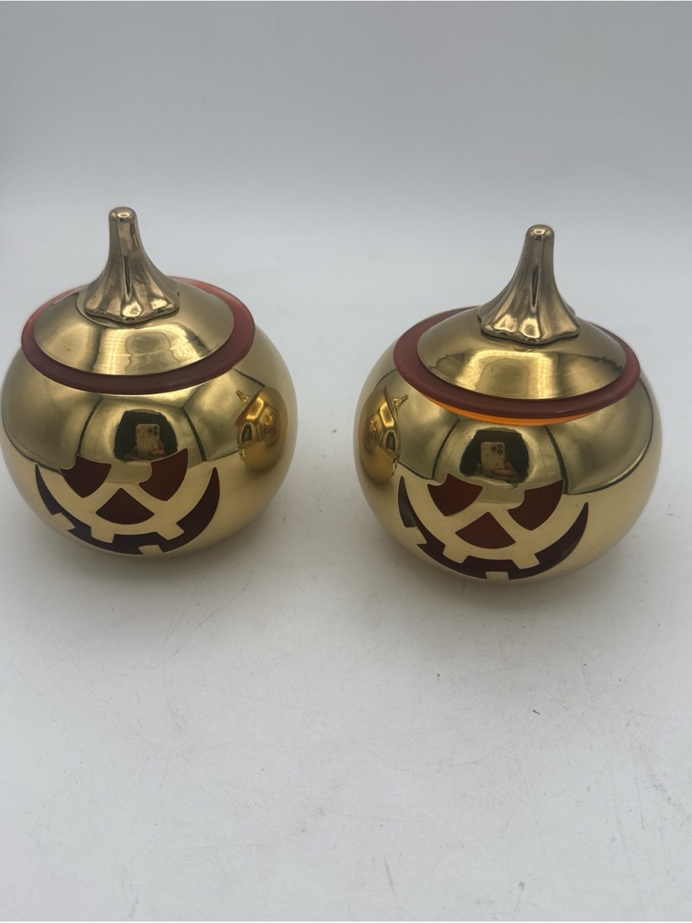 Vintage PartyLite Brass Jack-O-Lantern Votive Candle Holder Pair P0138 Halloween